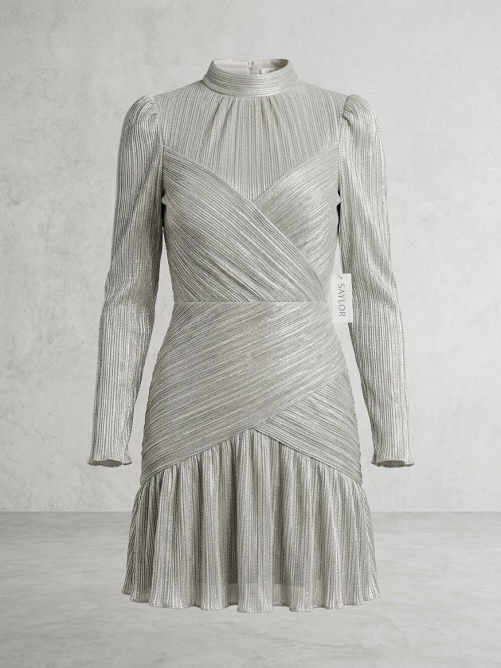 SAYLOR Saydee Size Small Metallic Cream Long-Sleeve Pleated Dress